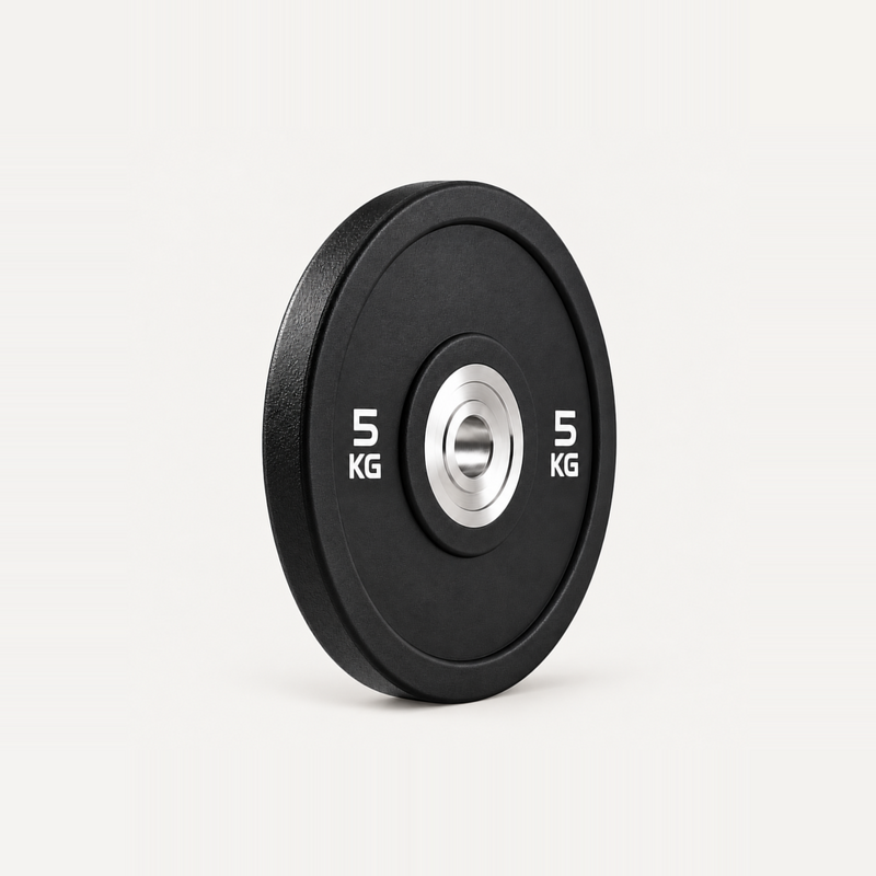 Black 5kg weight plate with white weight markings and a silver center insert, shown at an angle on a light gray background.